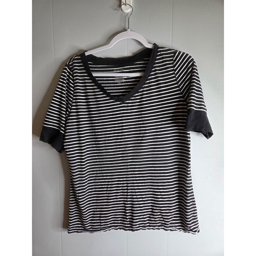 St Johns Bay Womens Black White Striped V-Neck‎ Short Sleeve T-Shirt Size Large